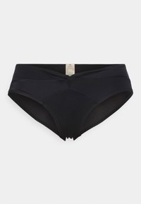 Juodas aukštos juosmens bikini dugnas, lygus audinys, surinkimo detalė centre ir elastinga juostos dalis patogumui. Sukurtas užtikrinti tvirtą prigludimą.