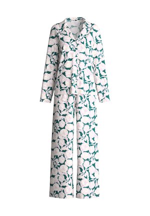 Set pigiama con bottoni e maniche lunghe, con pantaloni a gamba larga, con sfondo verde e grande motivo floreale bianco.