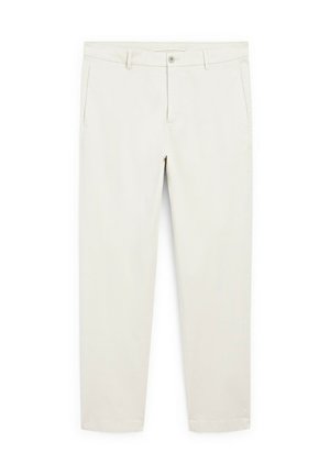 Light beige chinos made of cotton, featuring a flat front, side pockets, and a straight leg design with a seamless hem.