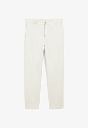 Chino beige chiaro in cotone, caratterizzati da una vita piatta, tasche laterali e un design a gamba dritta con orlo senza cuciture.