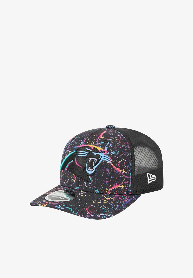 Black cap with a colorful splatter pattern, featuring an embroidered panther logo. Mesh back for breathability and curved pre-curved brim.