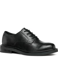Chaussure de ville en cuir noir avec un bout arrondi, un design à lacets, des détails de couture subtils et une semelle en caoutchouc plate.