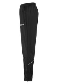 Zwarte sportbroek van lichtgewicht stof, met een koord in de taille, ritsen bij de enkels en contrasterende witte accenten.