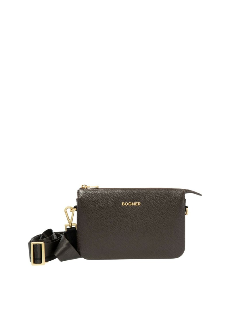 Borsa a tracolla in pelle marrone con superficie texturizzata, dettagli in metallo dorato e una tracolla removibile. Presenta un scomparto principale con zip.