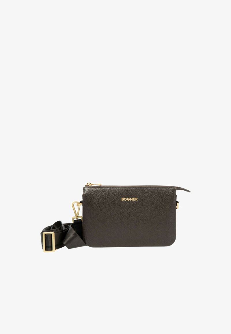 Rjava usnjena torbica čez ramo z teksturirano površino, z zlatimi zakovicami in snemljivim trakom. Ima zadrgo glavnega oddelka.