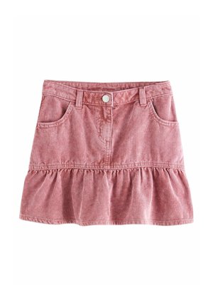 Gonna di corduroy in morbido rosa, con orlo arruffato, righe verticali, due tasche frontali e chiusura centrale con bottoni.