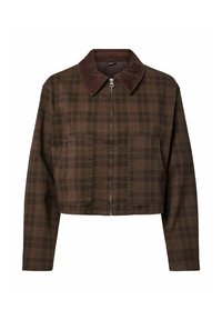 Veste courte à carreaux marron avec col en velours côtelé, fermeture éclair devant et deux grandes poches avant.