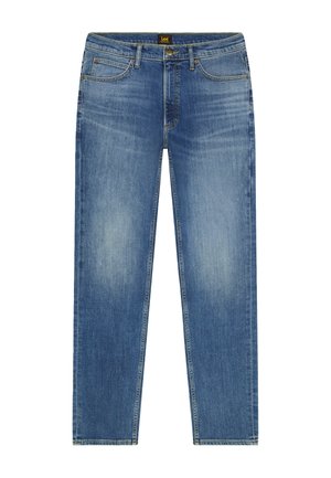 Mėlyni džinsai iš džinso audinio su išblukusiomis vietomis ties šlaunimis, užsegami mygtuku ir užtrauktuku, turi penkias kišenes bei Lee prekės ženklo etiketę ant liemens juostos.