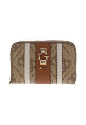 Beige Geldbörse aus strukturiertem Stoff mit einem braunen Mittelstreifen. Verfügt über vertikale weiße Streifen und ein goldfarbenes Logo-Highlight. Mit Reißverschluss.