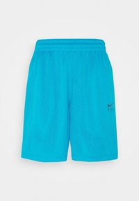 Ljust blå meshatletiska shorts med elastisk midja och en liten svart Nike-logotyp på högra benet.