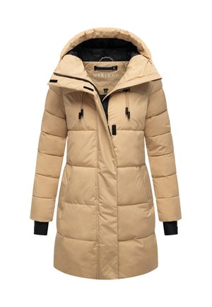 Beige padded winter coat with hood, front zipper, drawstrings, two side pockets, and black inner cuffs.