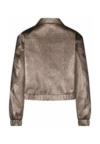 Korte jas van metallic bronze stof met een gestructureerde afwerking, voorzien van een puntige kraag, elastische manchetten en een achterzak.