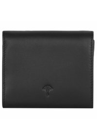 Schwarze Lederbörse mit glatter Oberfläche, dreifach gefaltetem Design und eingeprägtem Logo in der Mitte. Kompakt und funktional.