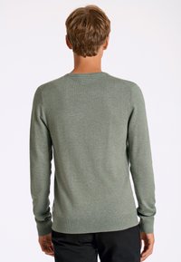 Grüner Strickpullover mit langen Ärmeln, rundem Ausschnitt und gerippten Bündchen und Saum. Weiche Textur und subtiler melierter Muster.