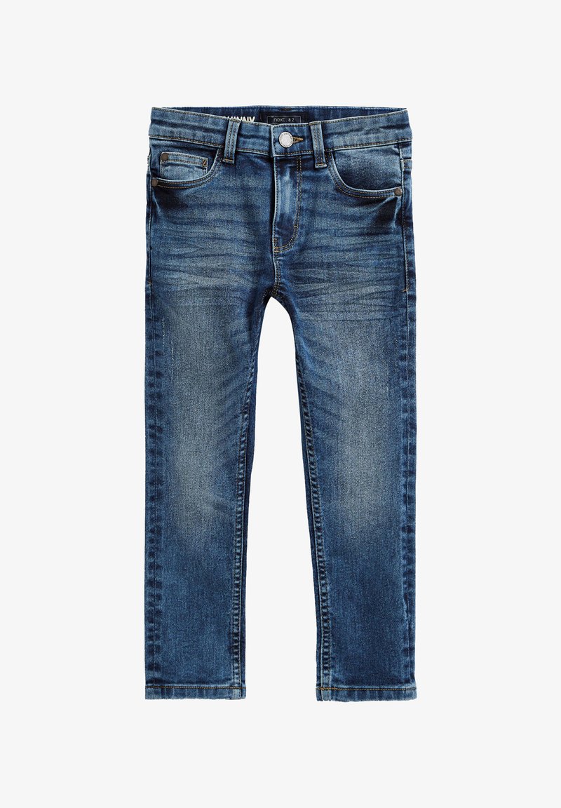 Jeans in denim blu scuro con vestibilità slim, cinque tasche e sottili dettagli sbiaditi. Presentano una chiusura con bottone in metallo e accenti di cucitura.