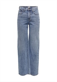 Jean taille haute, bleu clair, large aux jambes, avec poches avant, passants de ceinture, fermeture par bouton et texture subtilement délavée.
