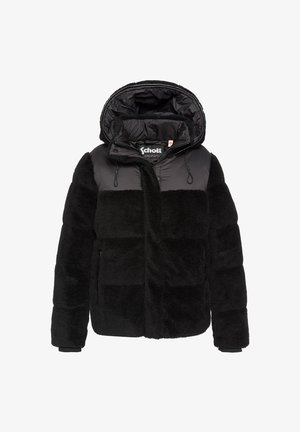 Czarna pikowana kurtka puchowa z miękkim, teksturowanym futerkowym wykończeniem. Zaprojektowana z kapturem, zamkiem błyskawicznym oraz kontrastowymi, gładkimi panelami w górnej części.