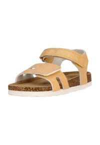 Gele glitter sandalen met verstelbare klittenband straps, kurken voetbed en witte rubberen zool. Open ontwerp voor ademend vermogen en comfort.
