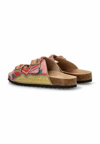 Chanclas deslizantes de cuentas multicolores con suela de corcho, con correas decorativas y un forro interior suave. Parte superior texturizada con patrones geométricos.