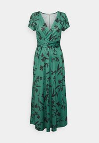 Zielona sukienka w kwiaty z dekoltem w serek, krótkimi rękawami i dopasowaną talią. Wykonana z gładkiego materiału, zdobiona czarnymi wzorami kwiatowymi.