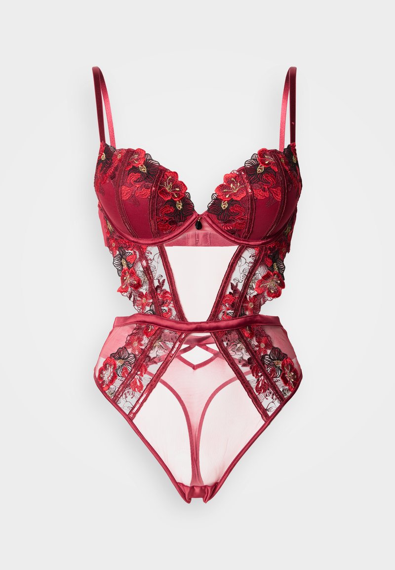 Body lingerie rouge et rose avec broderies florales, panneaux en maille transparente, bonnets à armatures et ceinture en satin. Bretelles réglables incluses.