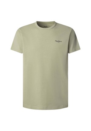 Lichtgroen katoenen T-shirt met een ronde hals, korte mouwen en een klein zwart logo op de linkerborst. Zachte textuur en een comfortabele pasvorm.