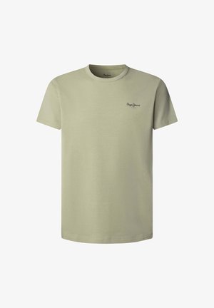 Lichtgroen katoenen T-shirt met een ronde hals, korte mouwen en een klein zwart logo op de linkerborst. Zachte textuur en een comfortabele pasvorm.