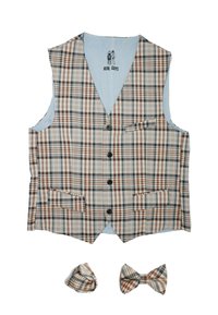 Kariertes Weste in Beige-, Braun- und Blautönen, mit V-Ausschnitt, f�ünf Knöpfen und zwei vorderen Taschen; inklusive passender Fliege und Taschentuch.