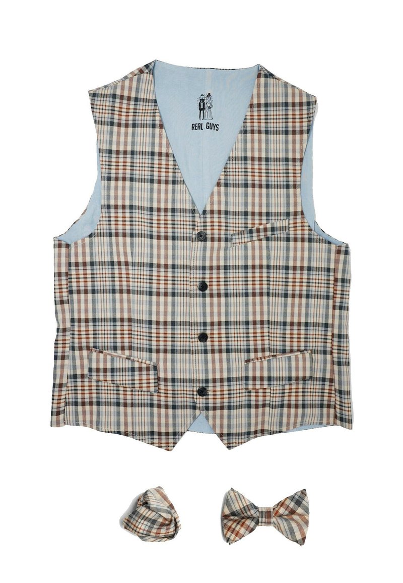 Kariertes Weste in Beige-, Braun- und Blautönen, mit V-Ausschnitt, fünf Knöpfen und zwei vorderen Taschen; inklusive passender Fliege und Taschentuch.