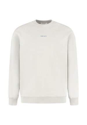 Witte crewneck sweatshirt met geribde manchetten en zoom, voorzien van kleine centrische blauwe tekst "PURE PATH" op de borst.