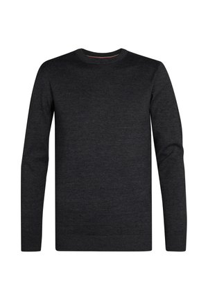 Maglione a maglia grigio scuro con scollatura rotonda, maniche lunghe, polsini e orlo a coste, caratterizzato da una texture liscia e dettagli minimi.