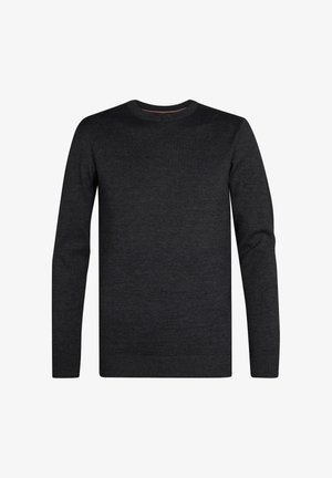 Dunkelgrauer Strickpullover mit Rundhalsausschnitt, langen Ärmeln, gerippten Bündchen und Saum, der eine glatte Textur und minimale Details aufweist.