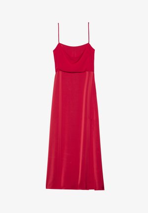 Crvena satenasta haljina na bretele s prilagodljivim tankim trakama, drapirana istaknuta forma i bočni prorez za dodatne detalje. Glatka tekstura i elegantna silueta.