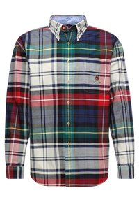 Camicia a maniche lunghe a quadri in vari colori, tra cui rosso, verde e blu. Presenta un colletto con bottoni e una tasca sul petto con un emblema.