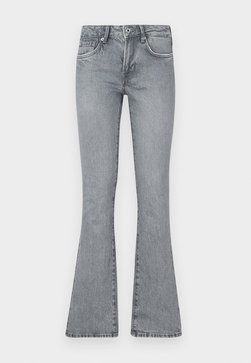 Jeans a zampa d'elefante grigi chiari realizzati in denim. Presentano una vita alta, un design a cinque tasche e un lavaggio sbiadito con dettagli di cucitura lungo le cuciture.