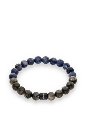 Beaded bracelet with round blue and black stones, featuring a central black metal accent with branding, smooth texture, and uniform shape.