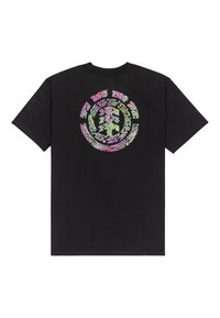 Camiseta de algodón negra con un estampado gráfico multicolor en texto circular en la parte posterior, con un escote redondo y mangas cortas.