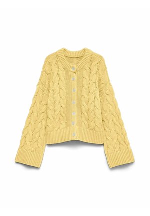 Cardigan boutonné en maille torsadée jaune avec manches longues et poignets et ourlet côtelés, posé à plat sur fond blanc.