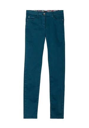 Jean skinny teal en tissu mélangé coton, présentant un design traditionnel à cinq poches, une fermeture à bouton et une ceinture à motif floral.