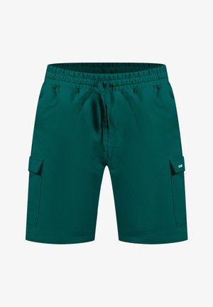 Turkusowe szorty cargo z elastycznym pasem, sznurkiem ściągającym i dwoma bocznymi kieszeniami. Gładka, lekka tkanina o luźnym kroju.