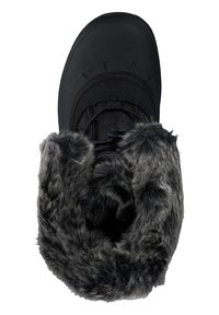 Schwarze Winterstiefel mit einem weichen grauen Kunstfellkragen, Gummisohle und Obermaterial aus Textil. Verfügt über eine verstellbare Schnürung für einen sicheren Sitz.