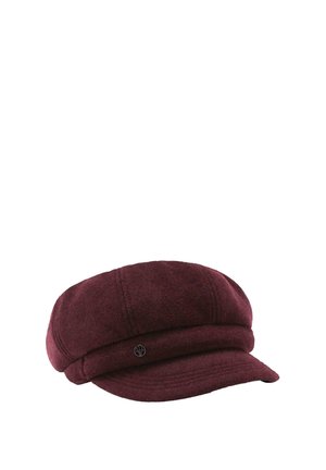 Burgundy wool baker boy cap with a short, curved brim and a small round metal emblem on the front band.