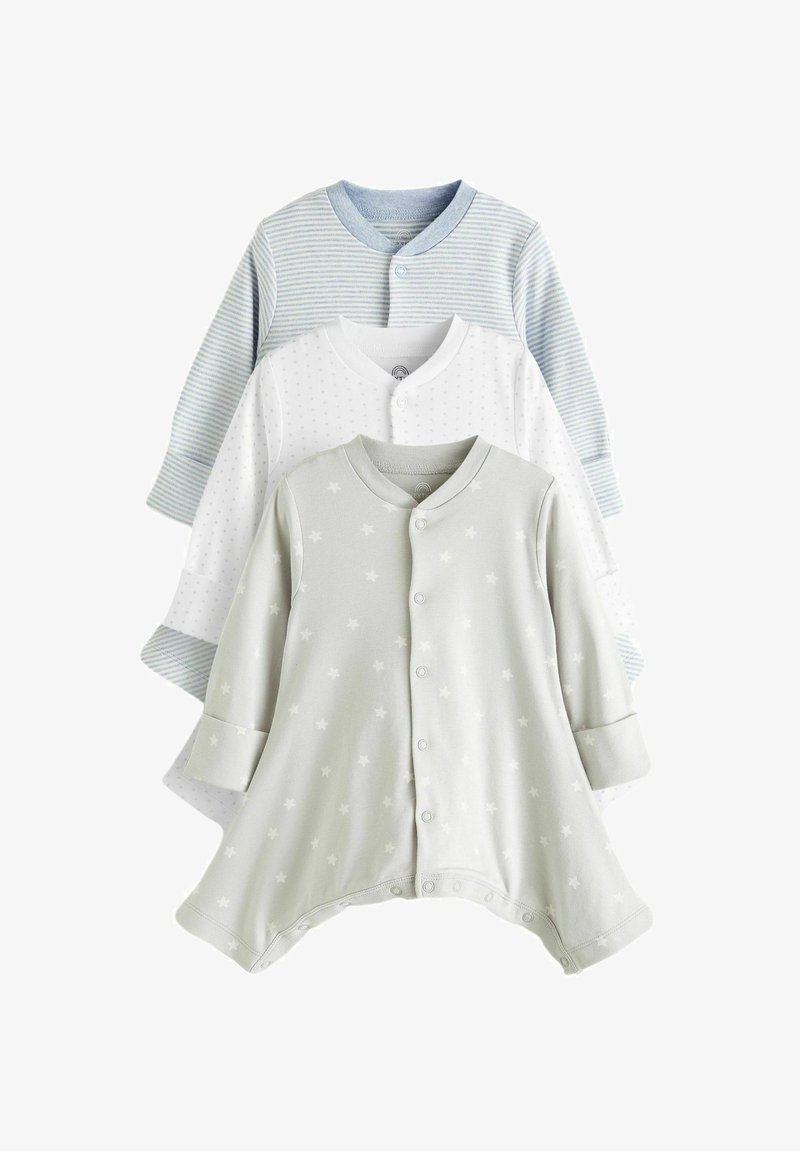 Tři dlouhé rukávy pro miminka: jeden světle modrý pruhovaný, jeden bílý s tečkami a jeden světle šedý s hvězdičkovým vzorem; všechny s knoflíkovým zapínáním vepředu.