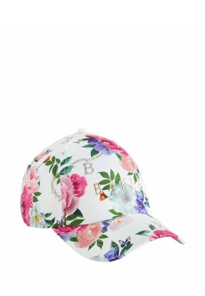 Weißes Baseball-Cap mit mehrfarbigem Blumenmuster und goldfarbenem "BAKER" Schriftzug auf der Frontpartie.