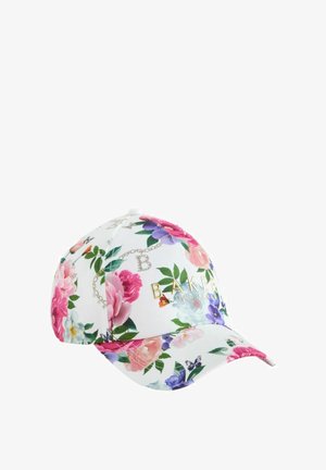 Casquette de baseball blanche avec un motif floral multicolore et un logo texte doré "BAKER" sur le panneau avant.