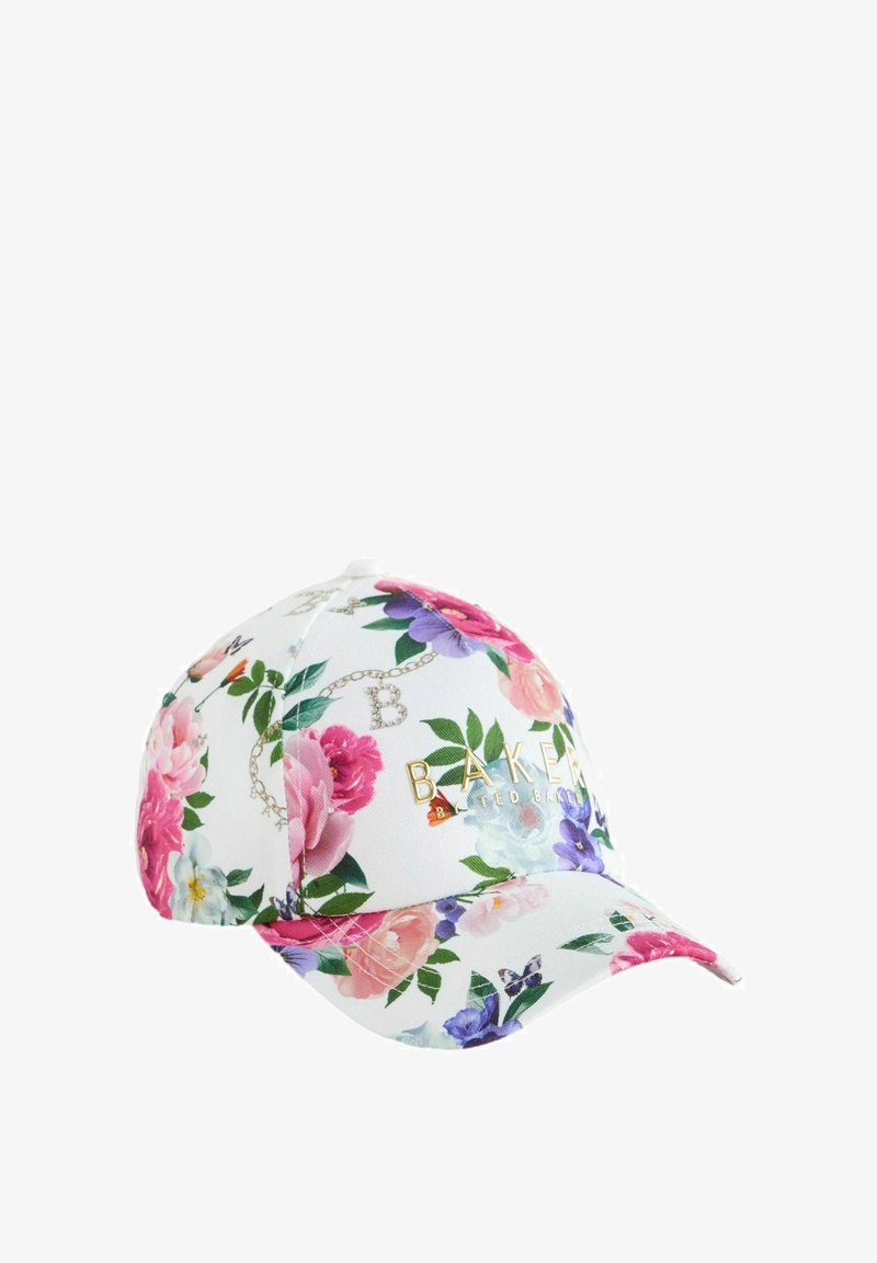 Casquette de baseball blanche avec un motif floral multicolore et un logo texte doré "BAKER" sur le panneau avant.