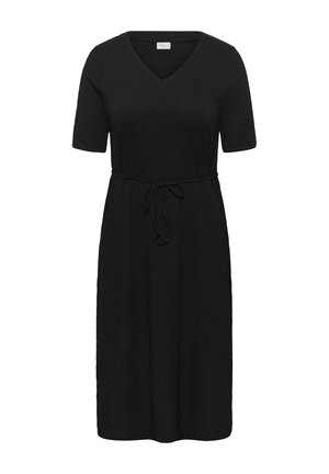 Vestido negro confeccionado en tela texturizada, con escote en V, mangas cortas y cintura entallada con un lazo. Diseño hasta la rodilla.