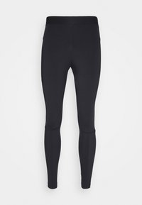 Legging de sport noir taille haute avec une ceinture lisse et un détail de couture au genou sur fond blanc.