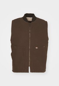 Brown vest with a high collar, front zipper, and two side pockets. Made of durable fabric with sleek texture and minimal detailing.