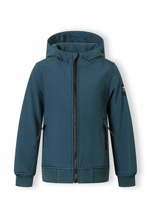 Dunkelgrüne Kapuzenjacke mit Frontreißverschluss, seitlichen Reißverschlusstaschen, gerippten Bündchen und einem Aufnäher am oberen linken Ärmel.